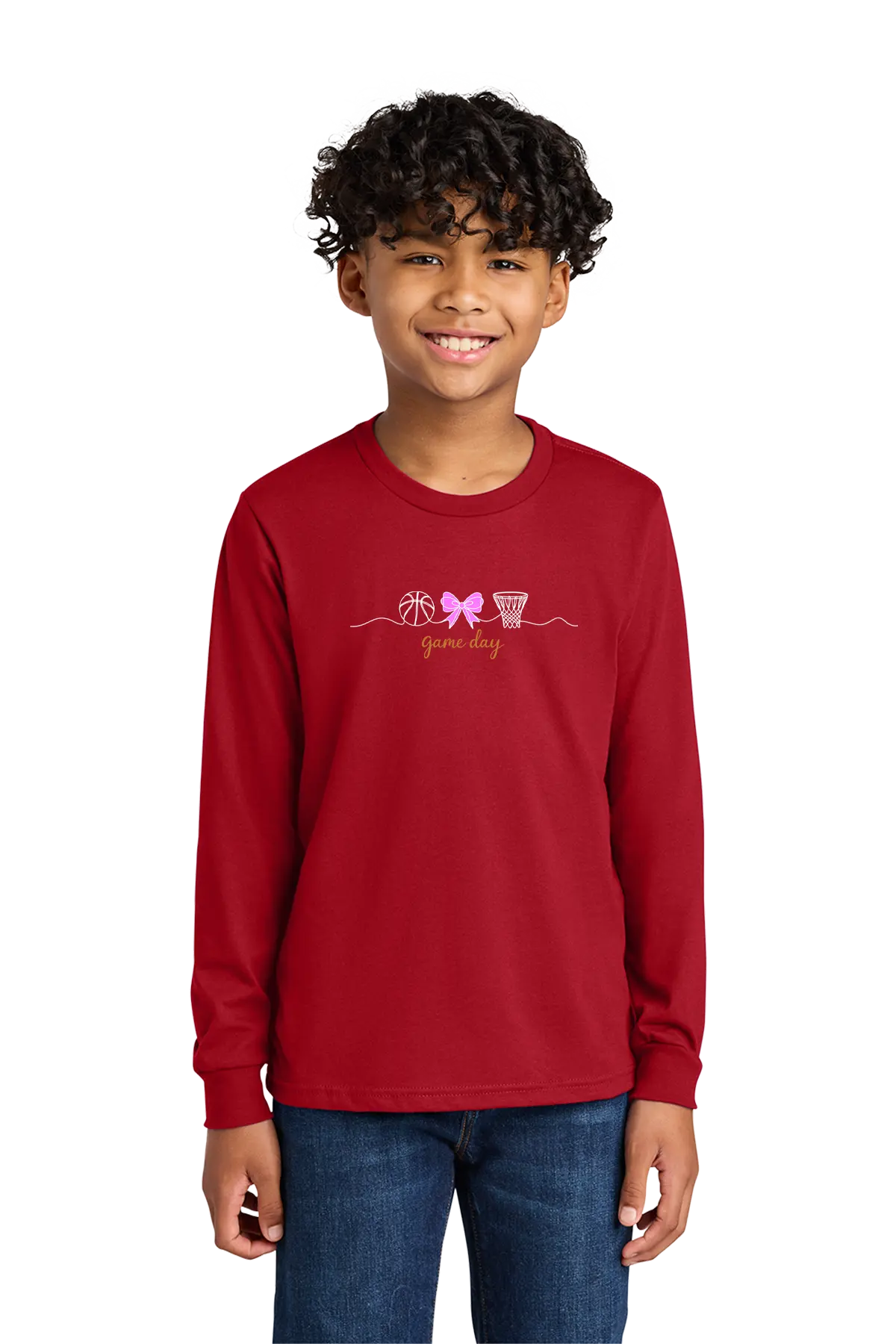 Child wearing a red long-sleeve shirt with a design and text on a white background. Paper Street Print Co, Blairstown, NJ.
