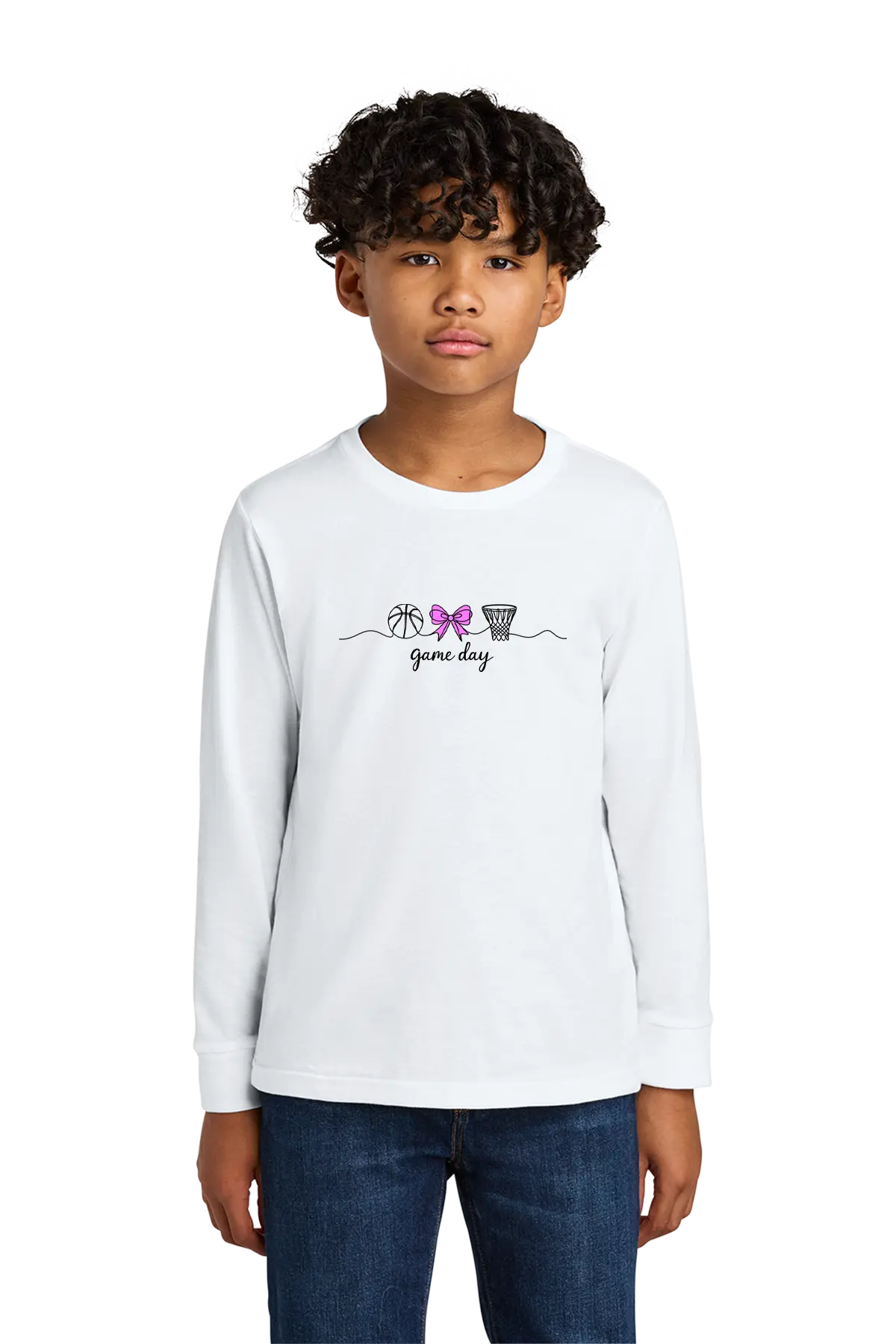 Child wearing a white long-sleeve shirt with a graphic design on a white background. Paper Street Print Co, Blairstown, NJ.