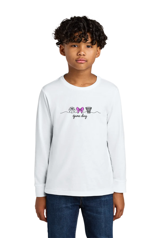 Child wearing a white long-sleeve shirt with a graphic design on a white background. Paper Street Print Co, Blairstown, NJ.