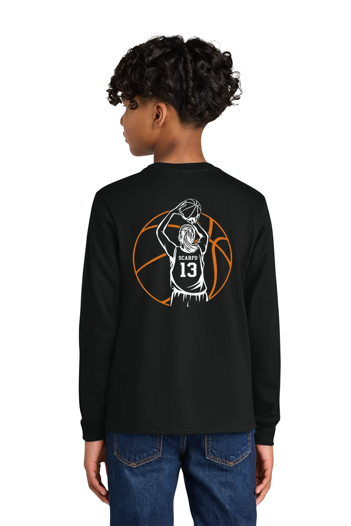 Person wearing a black long-sleeve shirt with a basketball design on the back, standing against a white background. Paper Street Print Co, Blairstown, NJ.