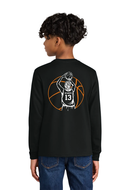 Person wearing a black long-sleeve shirt with a basketball design on the back, standing against a white background. Paper Street Print Co, Blairstown, NJ.