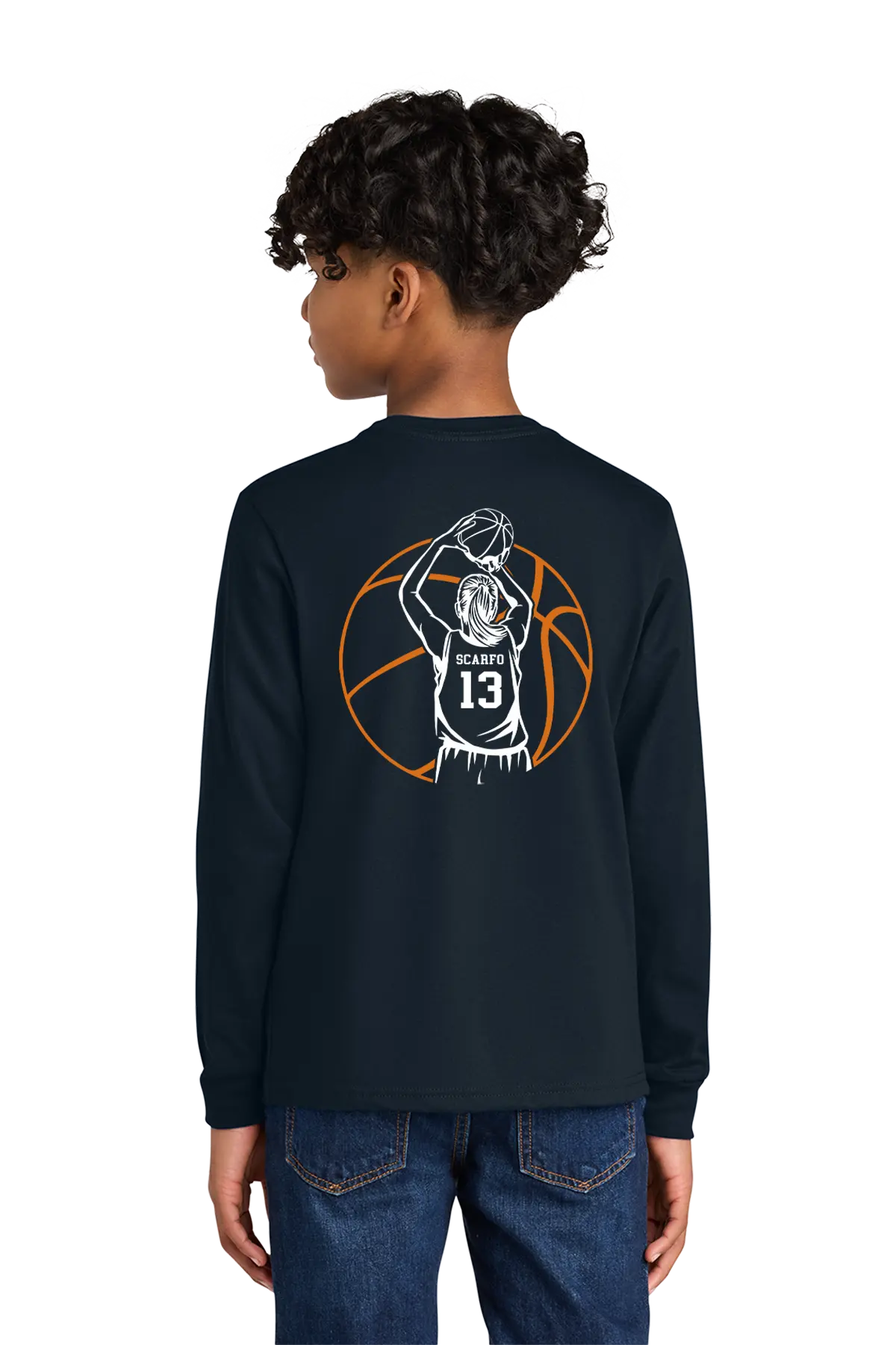 Person wearing a black long-sleeve shirt with a basketball design on the back, standing against a white background. Paper Street Print Co, Blairstown, NJ.