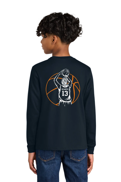 Person wearing a black long-sleeve shirt with a basketball design on the back, standing against a white background. Paper Street Print Co, Blairstown, NJ.