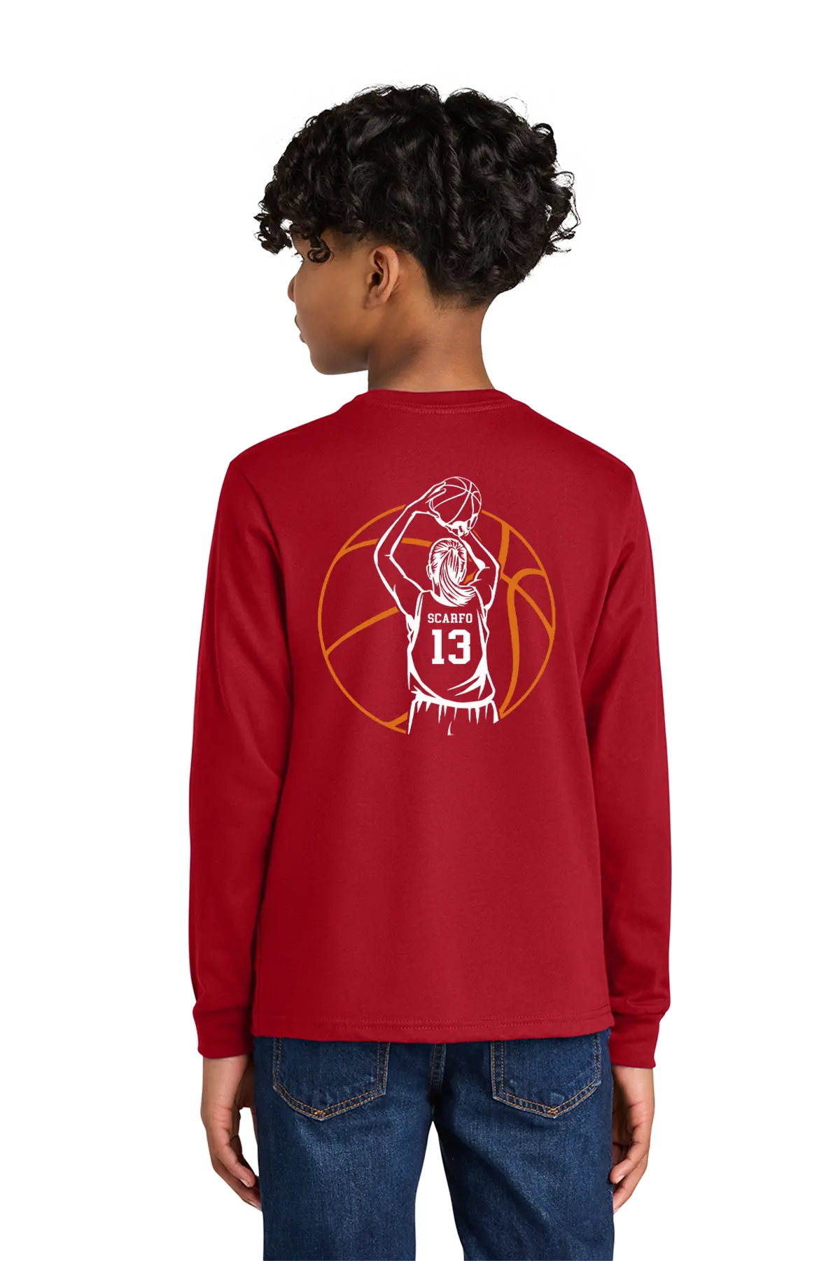 Person wearing a red long-sleeve shirt with a basketball design on the back, standing against a white background. Paper Street Print Co, Blairstown, NJ.