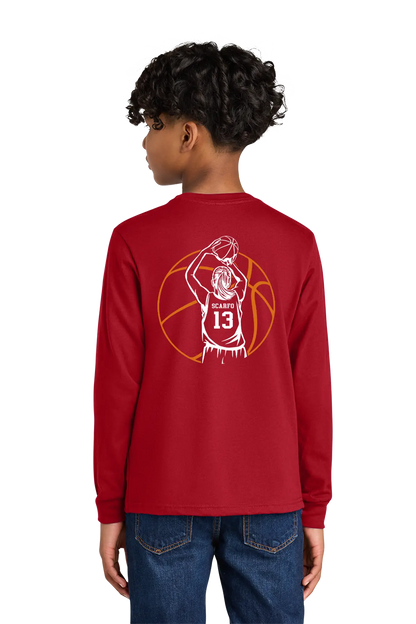 Person wearing a red long-sleeve shirt with a basketball design on the back, standing against a white background. Paper Street Print Co, Blairstown, NJ.