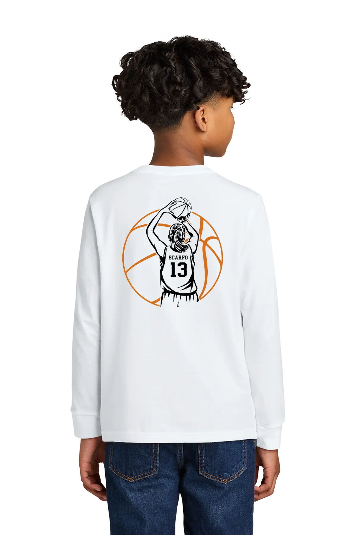 Child wearing a white long-sleeve shirt with a graphic design on the back, standing against a white background. Paper Street Print Co, Blairstown, NJ.