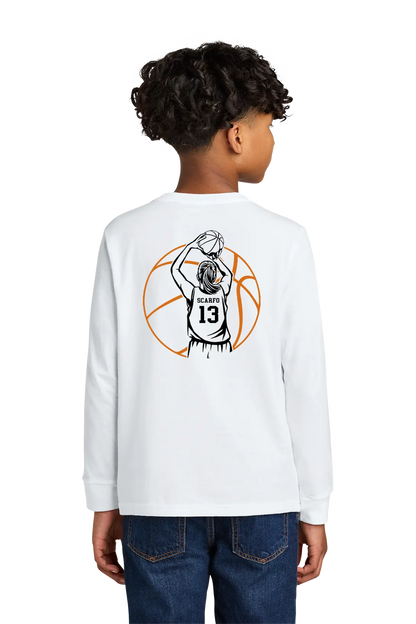 Child wearing a white long-sleeve shirt with a graphic design on the back, standing against a white background. Paper Street Print Co, Blairstown, NJ.