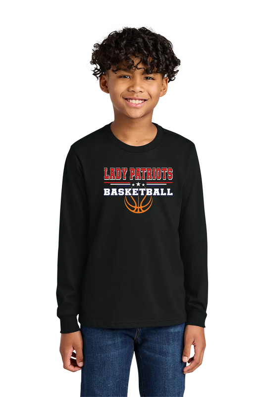 Child wearing a black long-sleeve shirt with 'LADY PATRIOTS BASKETBALL' text and graphics on a white background. Paper Street Print Co, Blairstown, NJ.