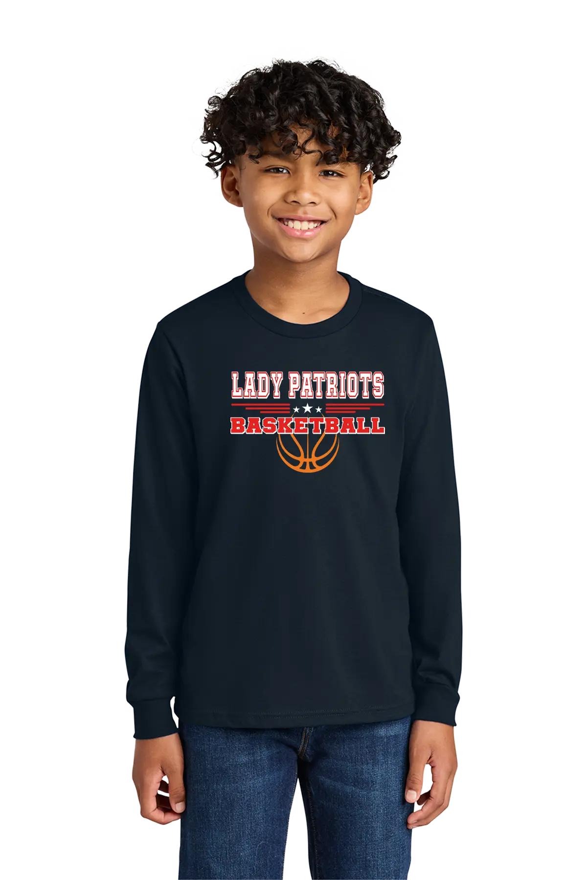 Child wearing a navy long-sleeve shirt with 'LADY PATRIOTS' and basketball design on a white background. Paper Street Print Co, Blairstown, NJ.