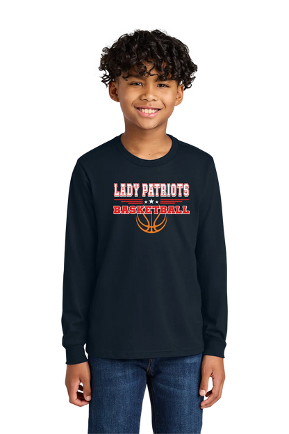 Child wearing a navy long-sleeve shirt with 'LADY PATRIOTS' and basketball design on a white background. Paper Street Print Co, Blairstown, NJ.