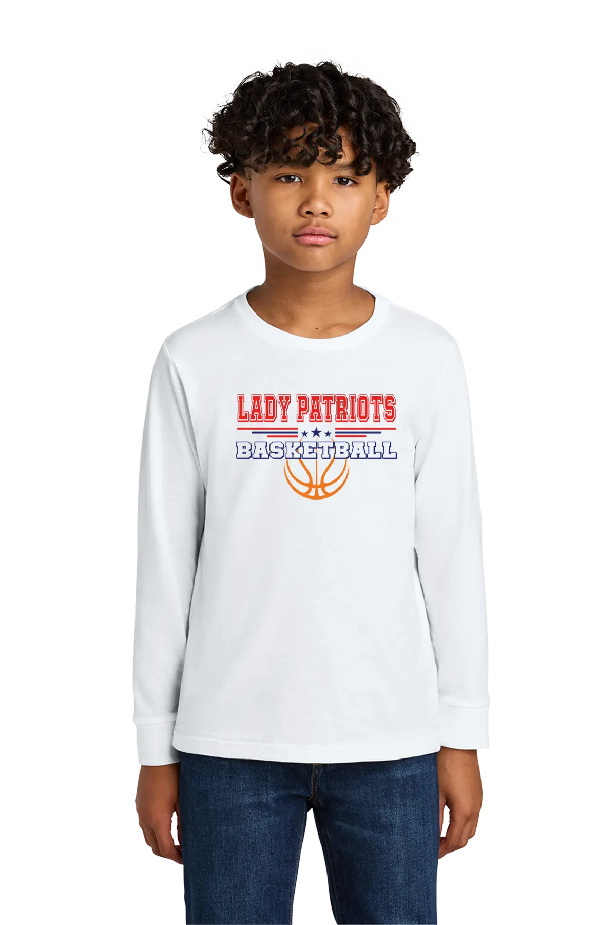 Child wearing a white long-sleeve shirt with 'LADY PATRIOTS BASKETBALL' text and graphics on a white background. Paper Street Print Co, Blairstown, NJ.