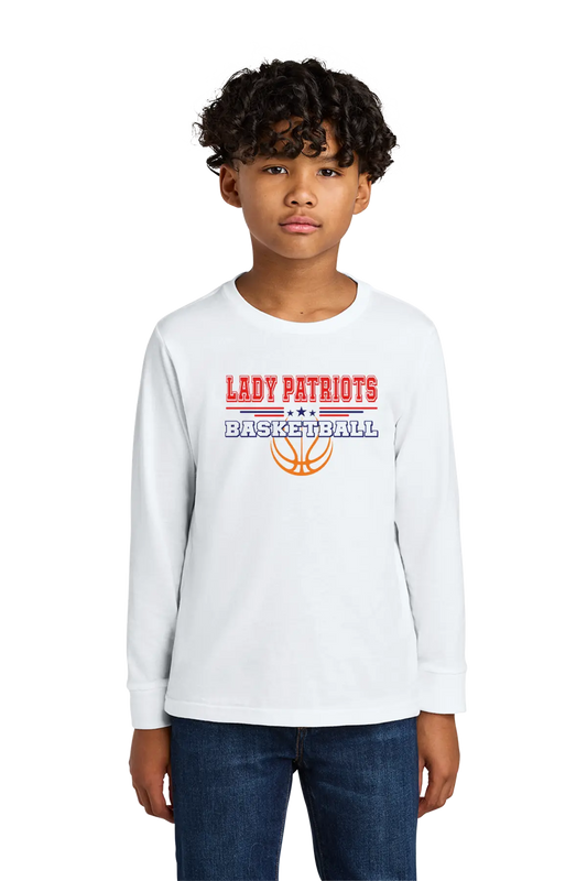 Child wearing a white long-sleeve shirt with 'LADY PATRIOTS BASKETBALL' text and graphics on a white background. Paper Street Print Co, Blairstown, NJ.