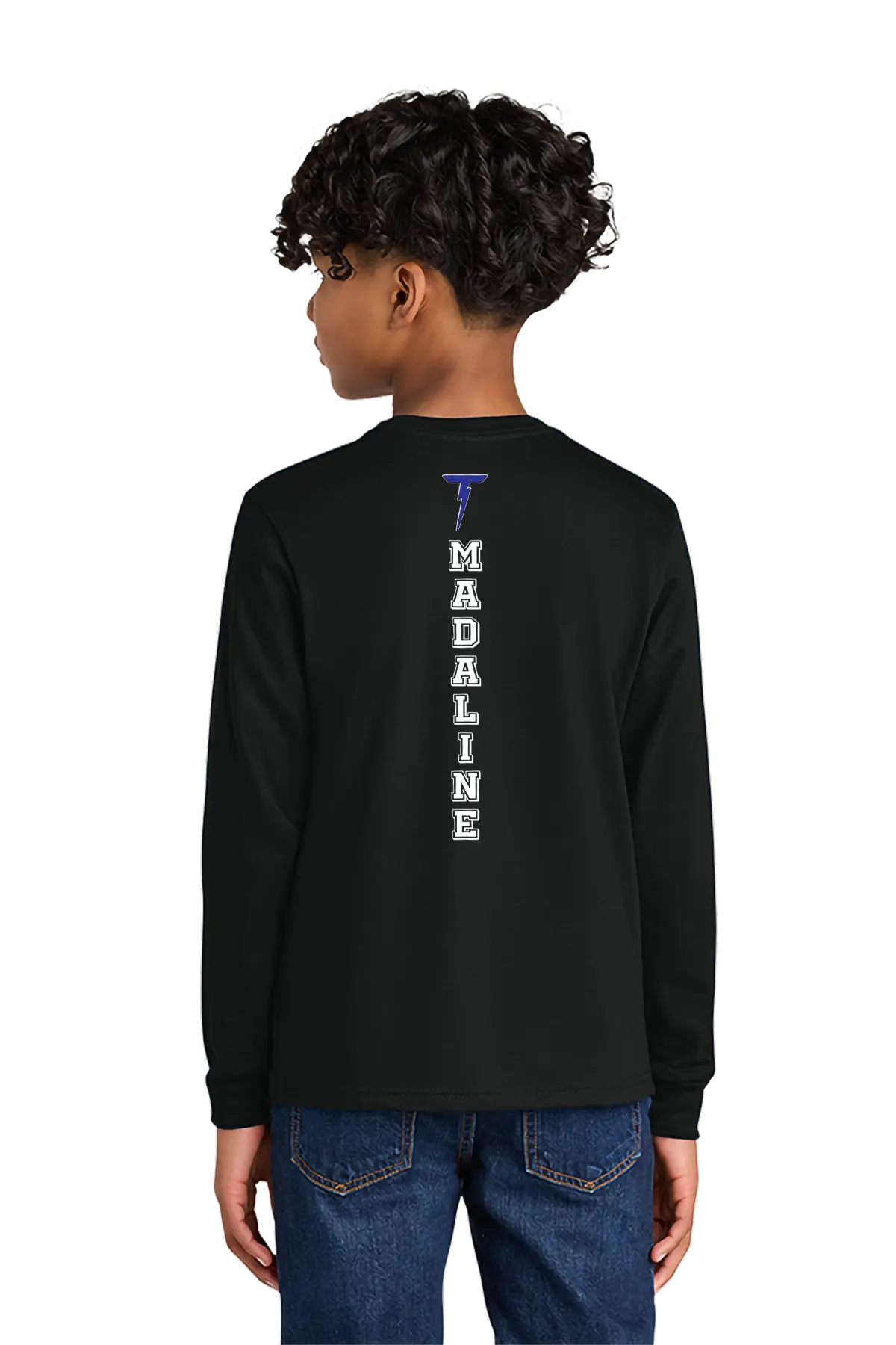 Person wearing a black long-sleeve shirt with 'Madaline' printed on the back, standing against a white background. Paper Street Print Co, Blairstown, NJ.