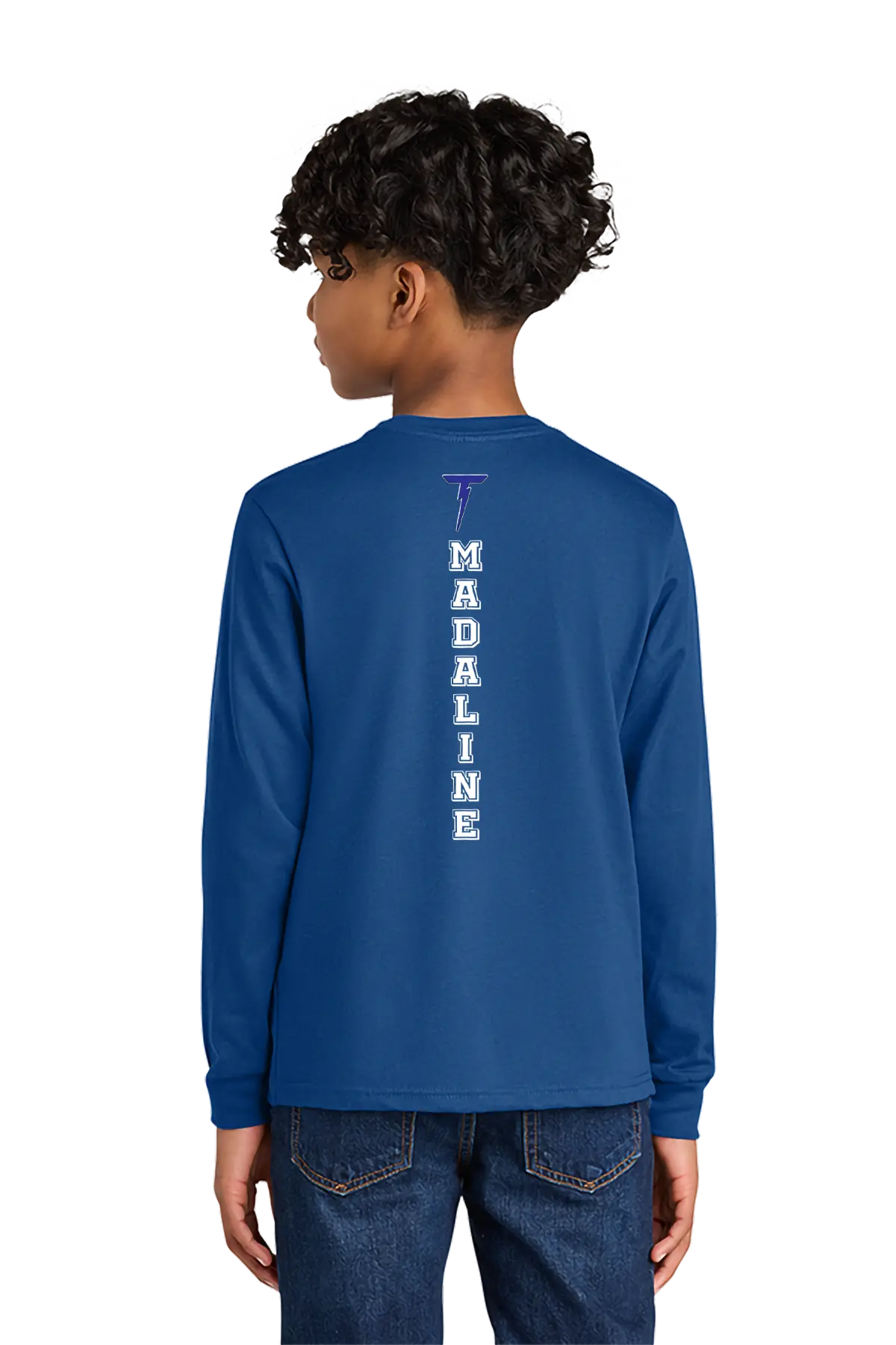 Person wearing a blue long-sleeve shirt with 'Madaline' printed on the back, on a white background. Paper Street Print Co, Blairstown, NJ.