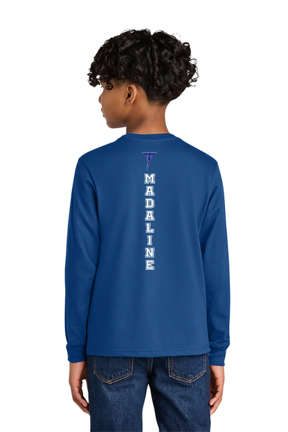 Person wearing a blue long-sleeve shirt with 'Madaline' printed on the back, on a white background. Paper Street Print Co, Blairstown, NJ.