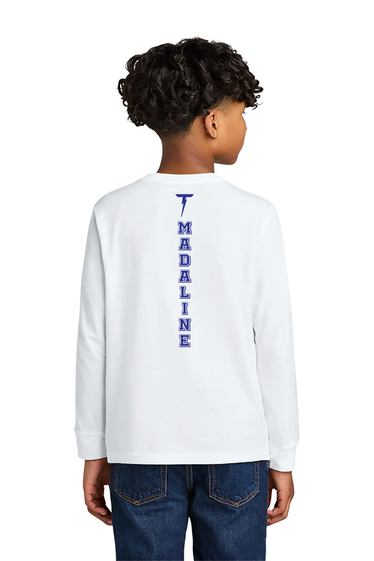 Child wearing a white long-sleeve shirt with 'T Madaline' printed on the back, standing against a white background. Paper Street Print Co, Blairstown, NJ.