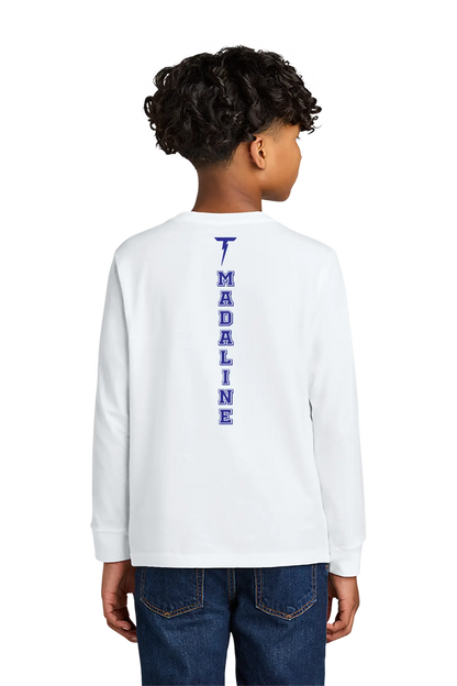 Child wearing a white long-sleeve shirt with 'T Madaline' printed on the back, standing against a white background. Paper Street Print Co, Blairstown, NJ.