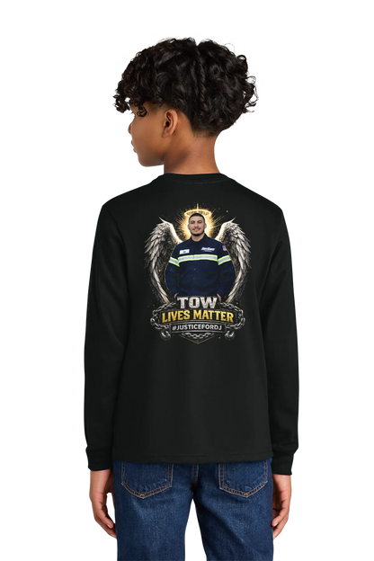 Person wearing a black long-sleeve shirt with a graphic design on the back, standing against a white background. #JUSTICEFORDJ - Paper Street Print Co, Blairstown, NJ.