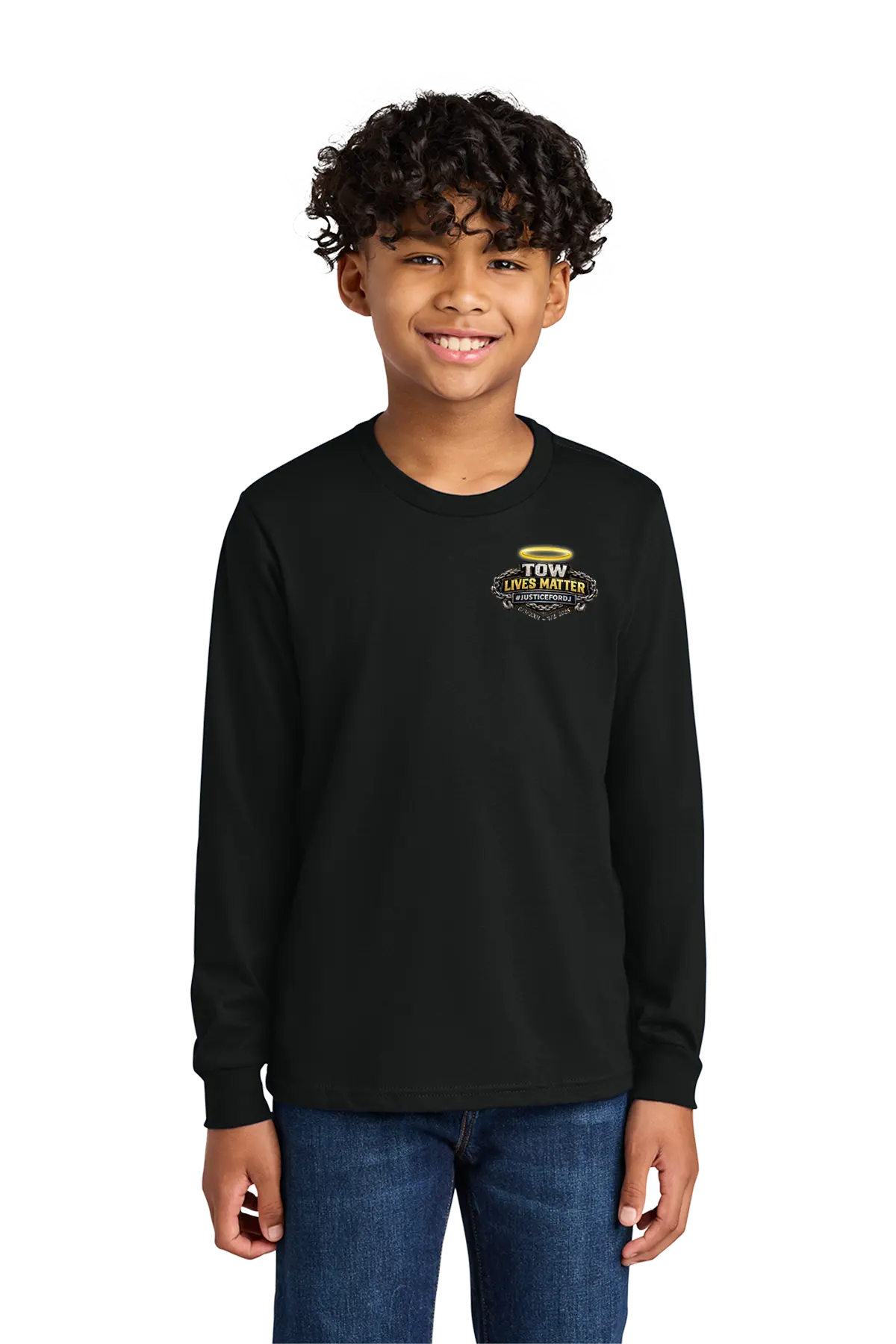Child wearing a black long-sleeve shirt with a logo on a white background. #JUSTICEFORDJ - Paper Street Print Co, Blairstown, NJ.