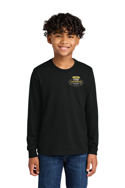 Child wearing a black long-sleeve shirt with a logo on a white background. #JUSTICEFORDJ - Paper Street Print Co, Blairstown, NJ.