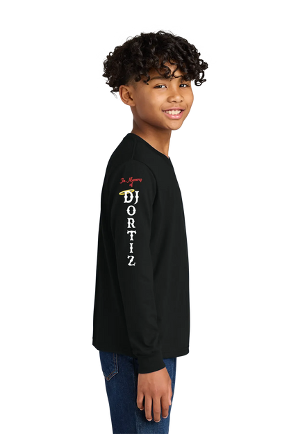 Child wearing a black long-sleeve shirt with a logo on a white background. #JUSTICEFORDJ - Paper Street Print Co, Blairstown, NJ.