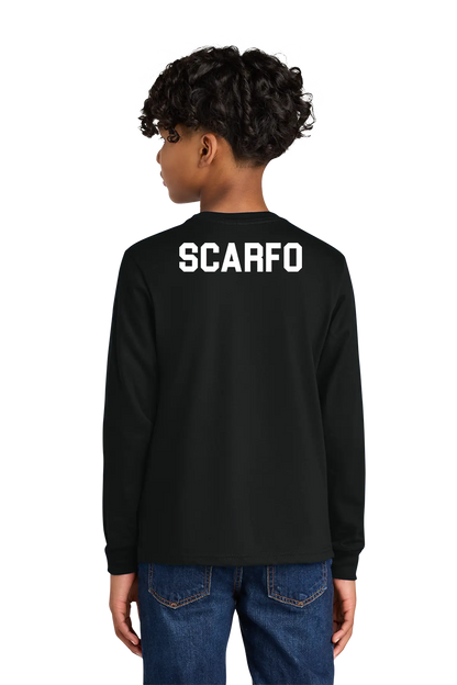 Person wearing a black long-sleeve shirt with 'SCARFO' printed on the back, standing against a white background. Paper Street Print Co, Blairstown, NJ.