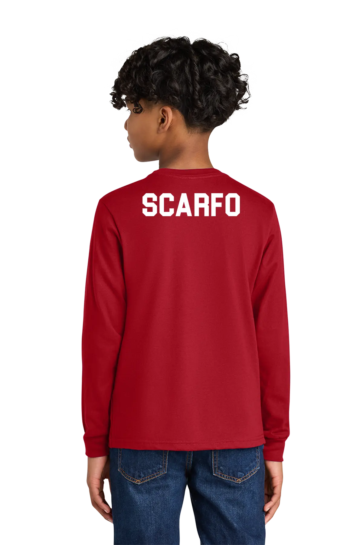 Person wearing a red long-sleeve shirt with 'SCARFO' printed on the back, standing against a white background. Paper Street Print Co, Blairstown, NJ.
