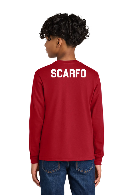 Person wearing a red long-sleeve shirt with 'SCARFO' printed on the back, standing against a white background. Paper Street Print Co, Blairstown, NJ.