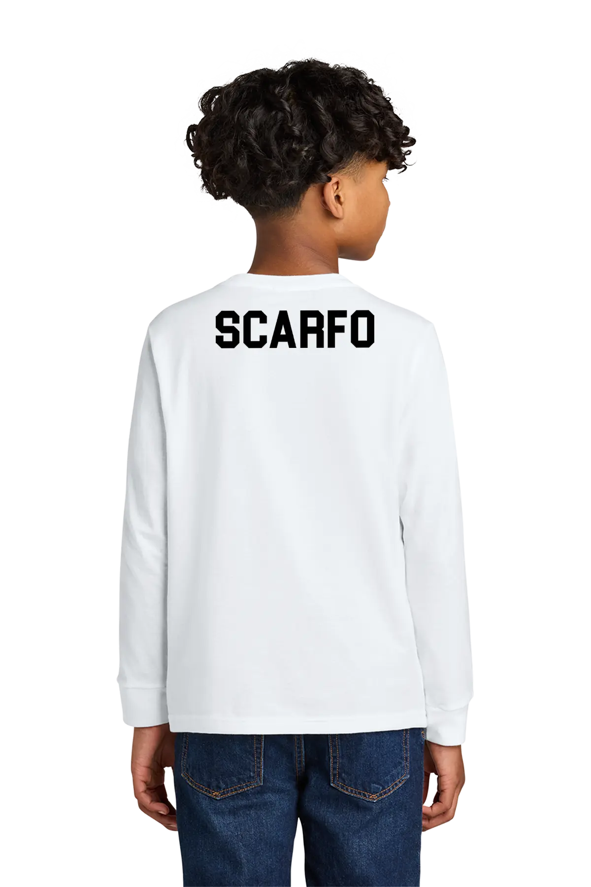 Child wearing a white long-sleeve shirt with 'SCARFO' printed on the back, standing against a white background. Paper Street Print Co, Blairstown, NJ.