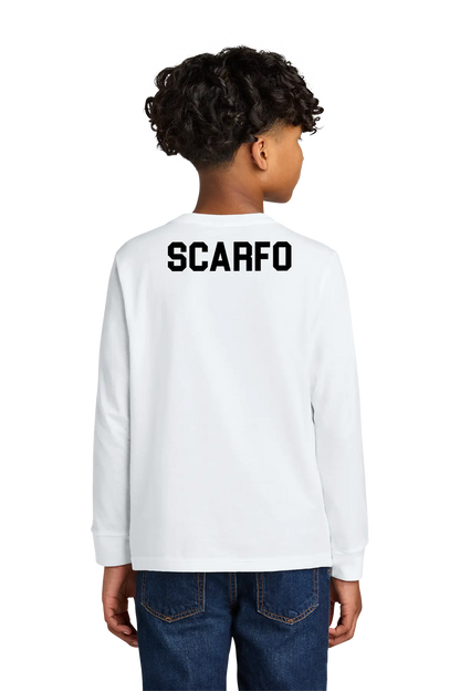 Child wearing a white long-sleeve shirt with 'SCARFO' printed on the back, standing against a white background. Paper Street Print Co, Blairstown, NJ.