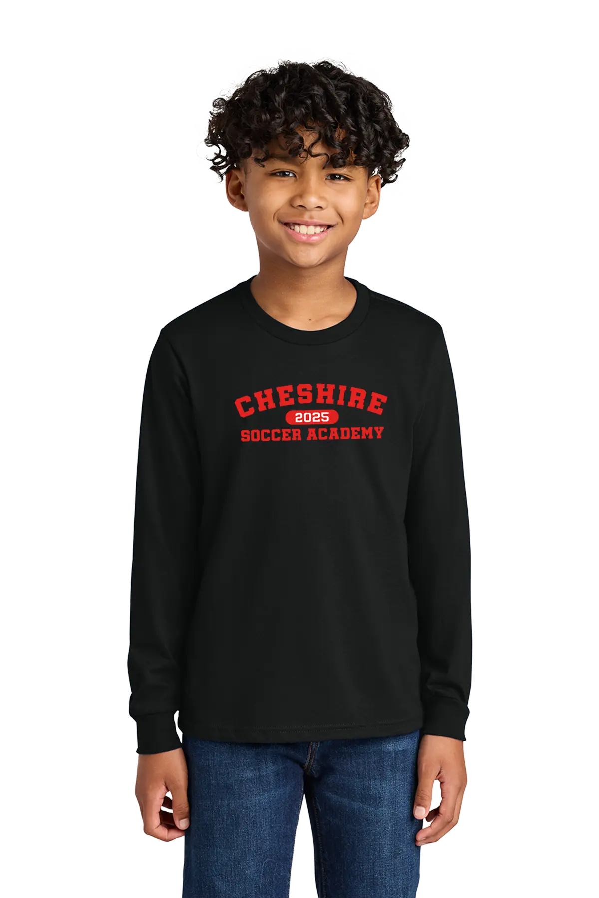 Child wearing a black long-sleeve shirt with 'Cheshire Soccer Academy' text on a white background. Paper Street Print Co, Blairstown, NJ.