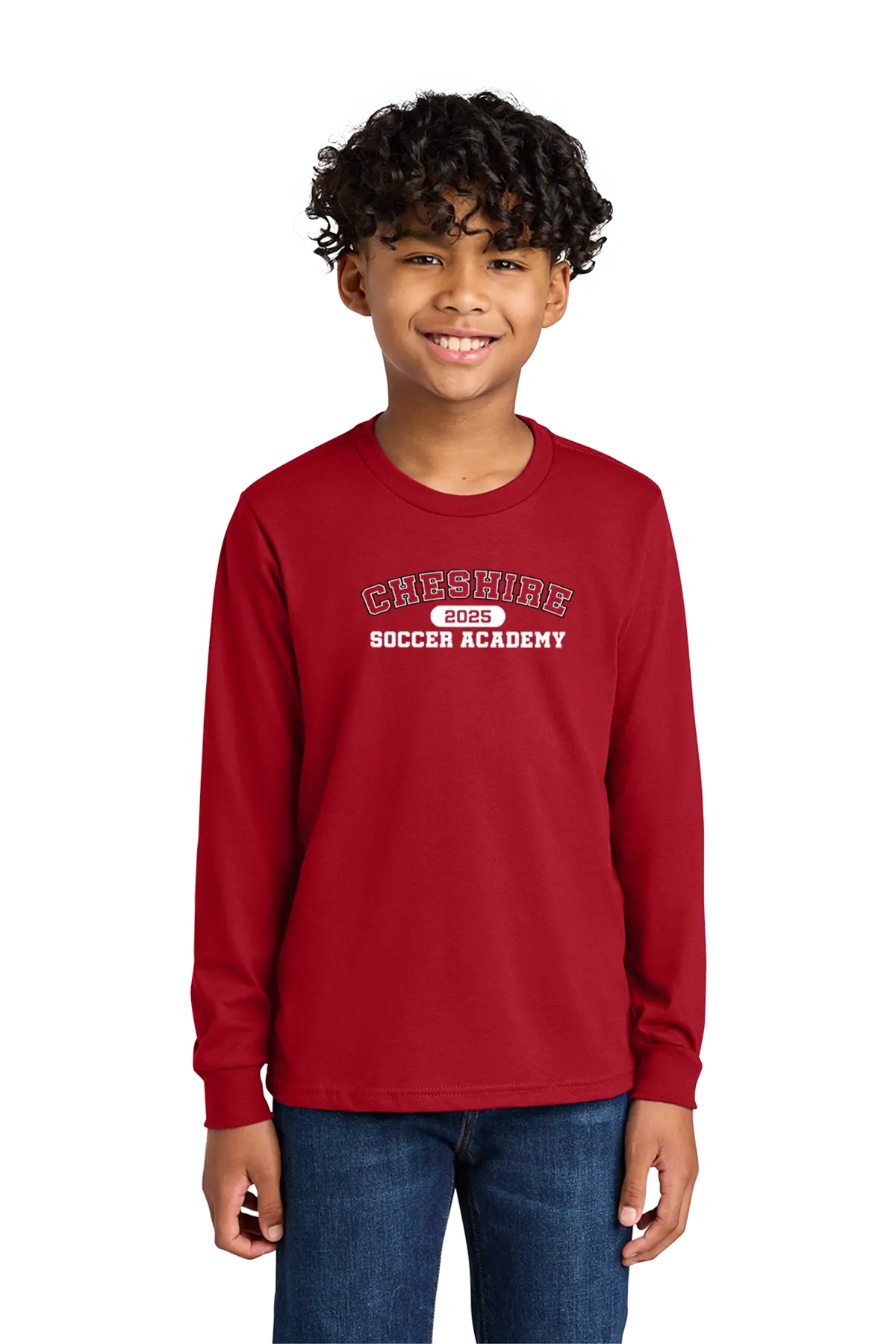 Child wearing a red long-sleeve shirt with 'Cheshire Soccer Academy' text on a white background. Paper Street Print Co, Blairstown, NJ.