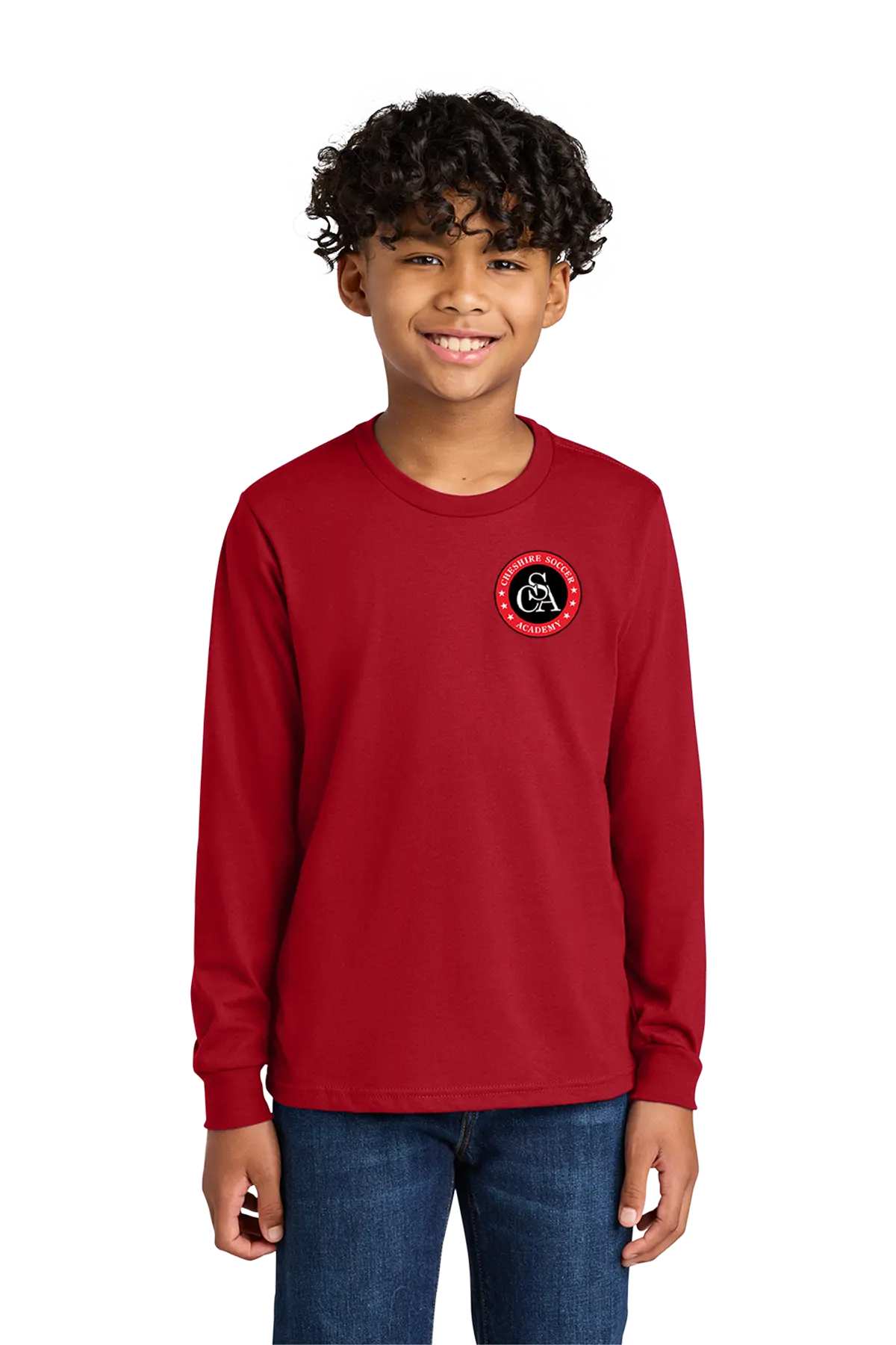Child wearing a red long-sleeve shirt with a logo on a white background. Paper Street Print Co, Blairstown, NJ.