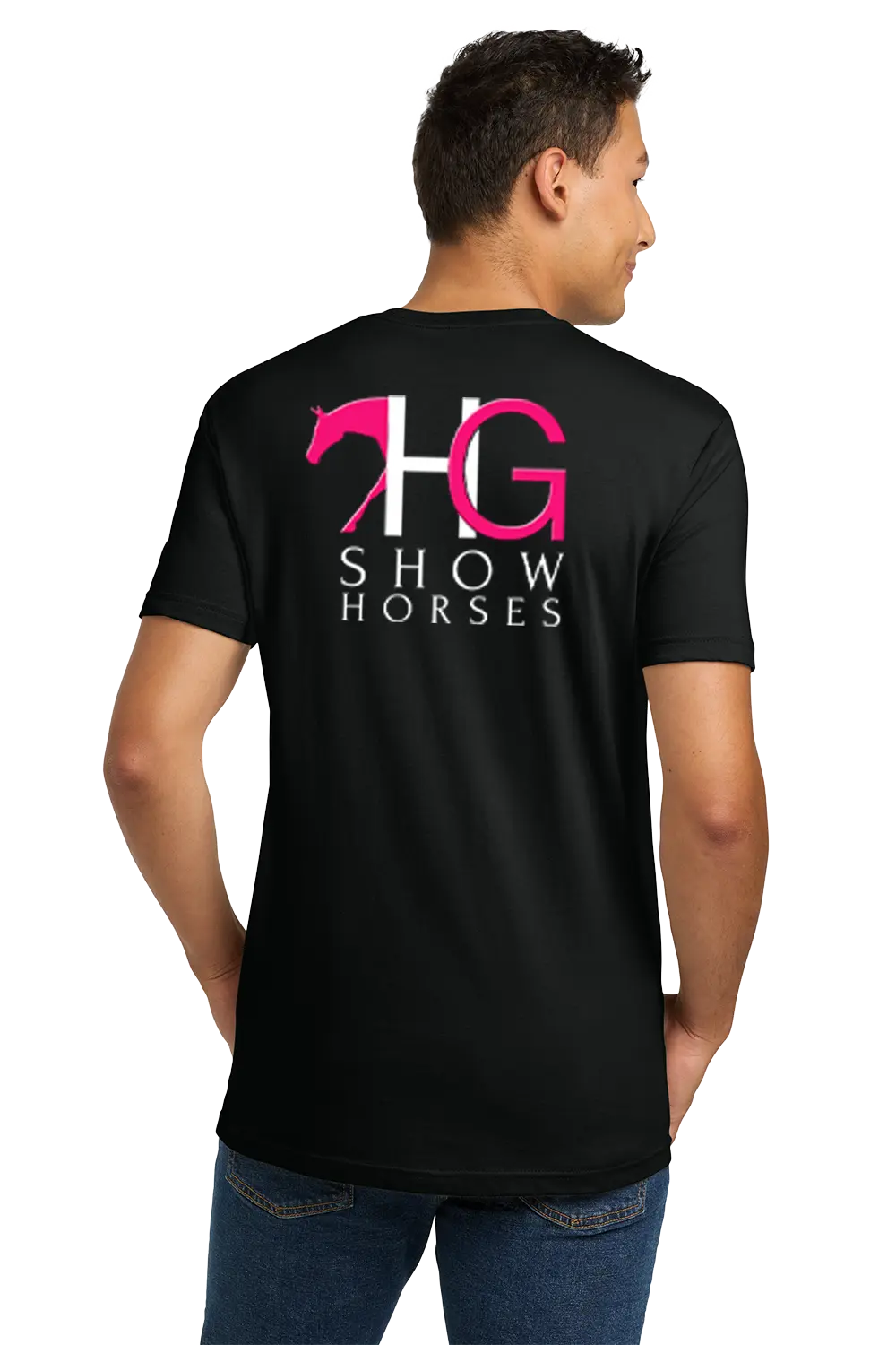 A man wearing a black t-shirt from the back, featuring a large graphic on the back with a pink horse silhouette, the letters 'HG' in white and pink, and the words 'SHOW HORSES' in white. He is also wearing blue jeans against a plain white background. HG Show Horses, Paper Street Print Co, Blairstown, NJ.
