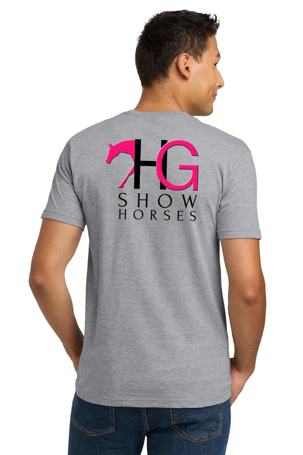 A man wearing a heather gray t-shirt from the back, featuring a large graphic print with a pink horse silhouette, a black 'H', a pink 'G', and the words 'HG SHOW HORSES'. HG Show Horses, Paper Street Print Co, Blairstown, NJ.