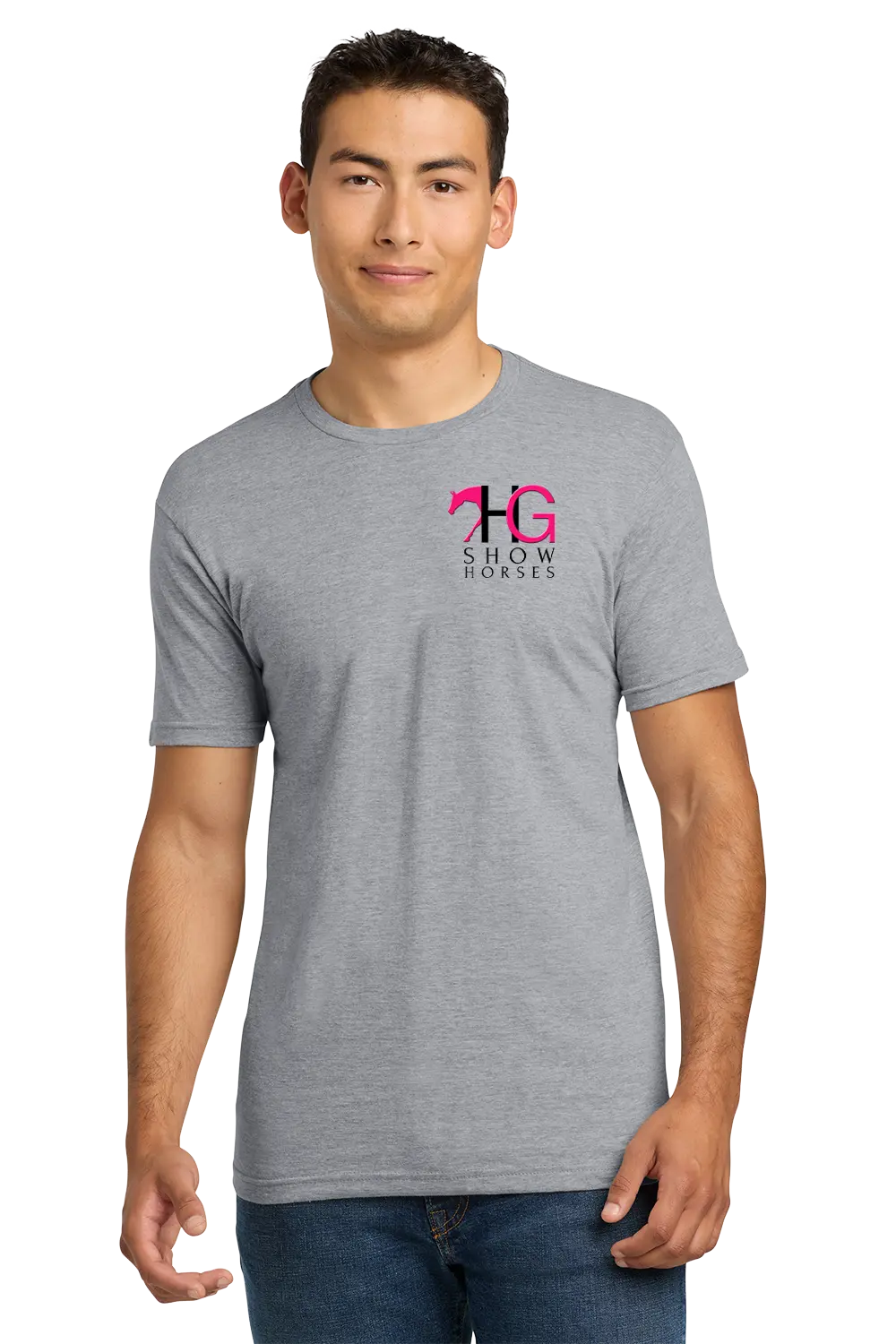 A man wearing a heather gray short-sleeve t-shirt with a pink and black '14 Show Horse' graphic on the left chest, paired with blue jeans, against a plain white background. HG Show Horses, Paper Street Print Co, Blairstown, NJ.