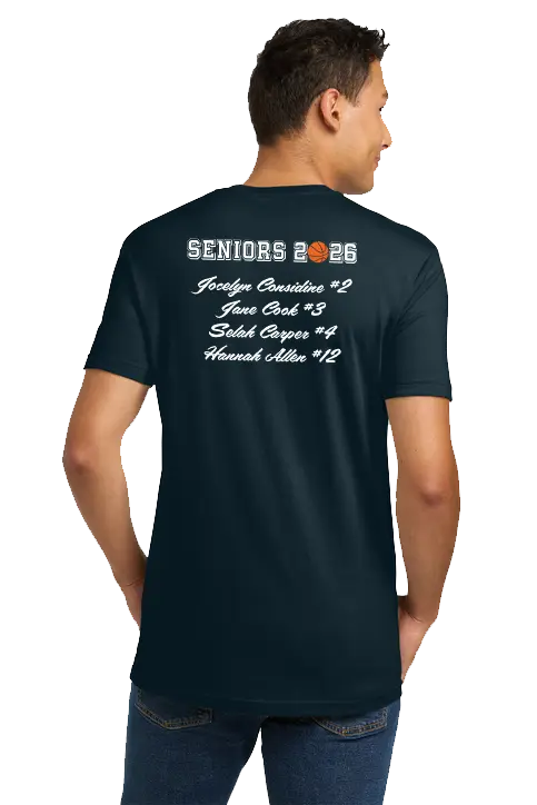 Person wearing a navy blue t-shirt with 'Seniors 2025' text on the back. North Warren Patriots Girls Basketball / Paper Street Print Co, Blairstown, NJ.