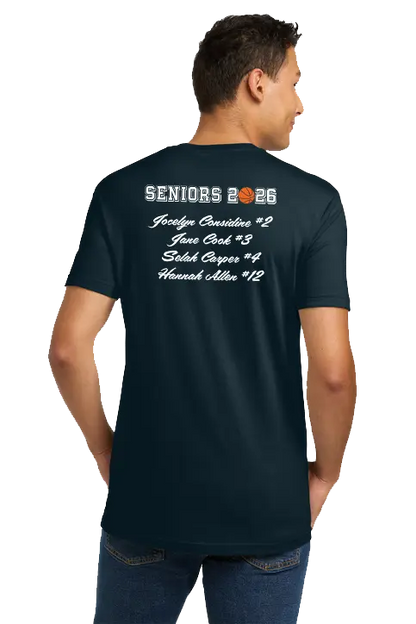 Person wearing a navy blue t-shirt with 'Seniors 2025' text on the back. North Warren Patriots Girls Basketball / Paper Street Print Co, Blairstown, NJ.