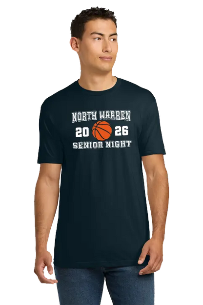 Man wearing a black t-shirt with 'North Warren 2026 Senior Night' text and basketball graphic. North Warren Patriots Girls Basketball / Paper Street Print Co, Blairstown, NJ.