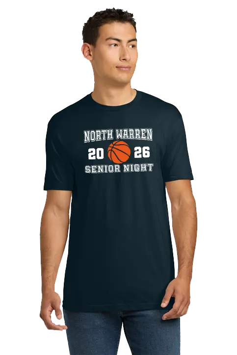 Man wearing a black t-shirt with 'North Warren 2026 Senior Night' text and basketball graphic. North Warren Patriots Girls Basketball / Paper Street Print Co, Blairstown, NJ.