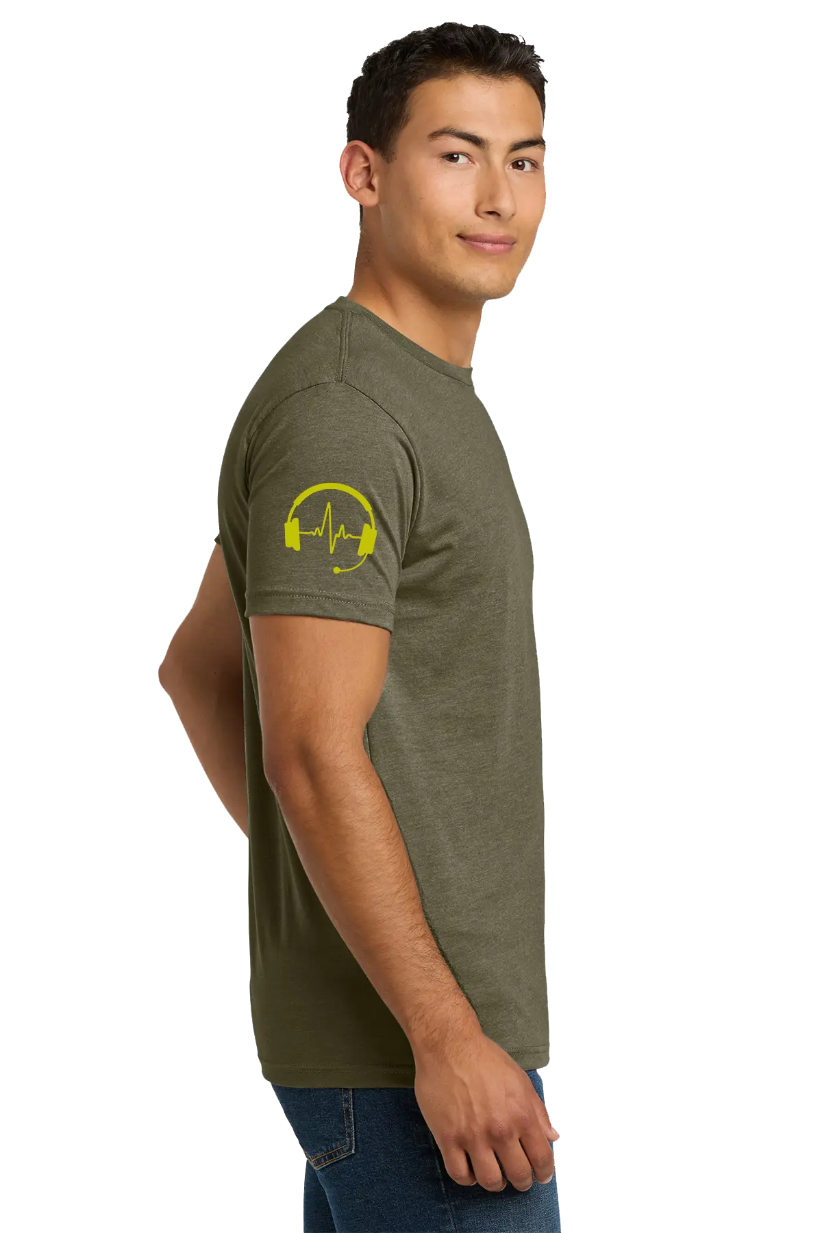 Man wearing an olive green t-shirt with a yellow graphic on the sleeve against a white background. Paper Street Print Co, Blairstown, NJ.