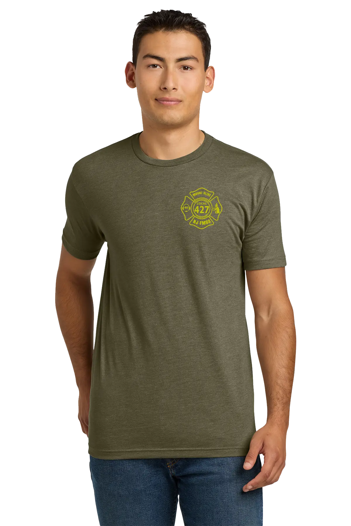 Man wearing an olive green t-shirt with a yellow logo on a white background. Paper Street Print Co, Blairstown, NJ.