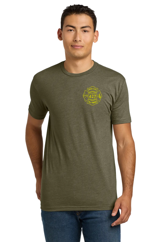 Man wearing an olive green t-shirt with a yellow logo on a white background. Paper Street Print Co, Blairstown, NJ.