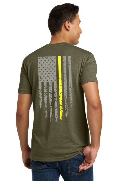 Man wearing a green t-shirt with a graphic design on the back, standing against a white background. Paper Street Print Co, Blairstown, NJ.