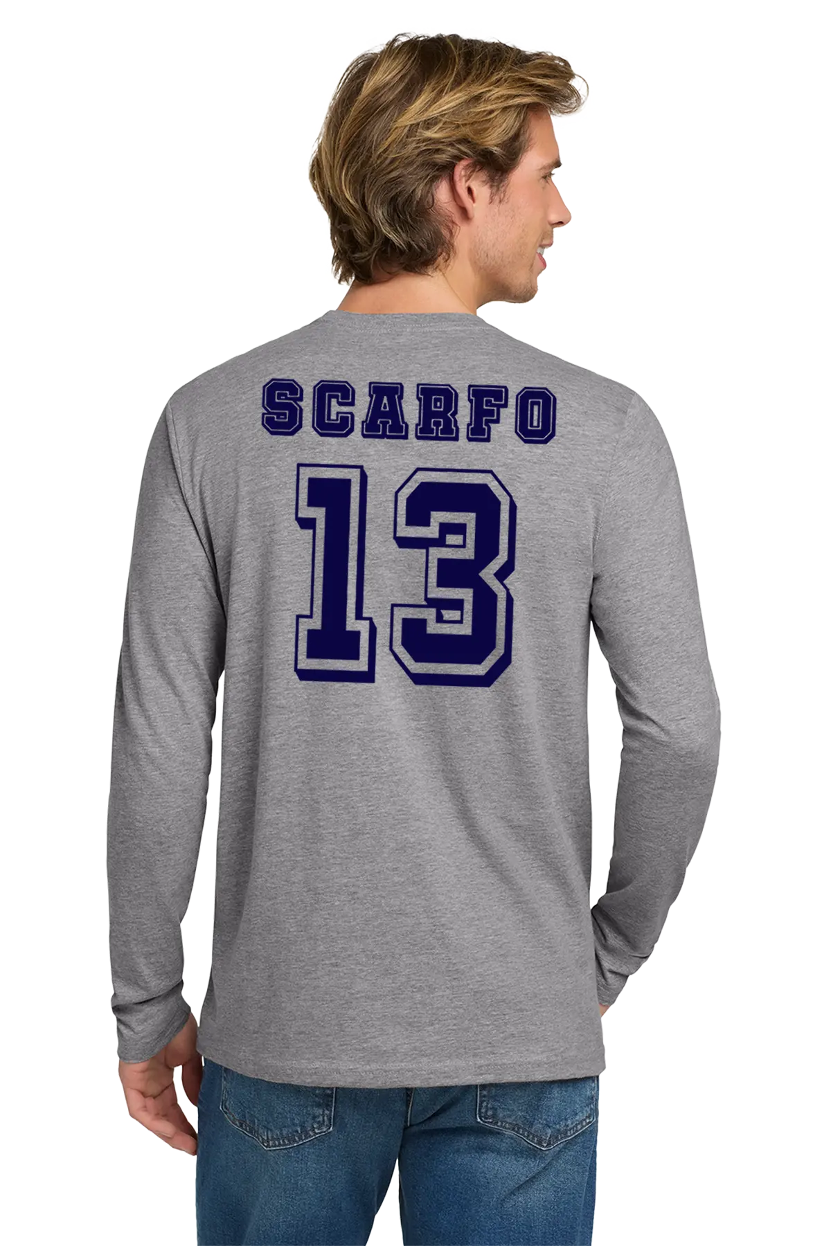 Person wearing a gray long-sleeve shirt with 'Scarfo 13' printed on the back. Paper Street Print Co, Blairstown, NJ.