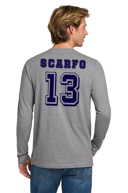 Person wearing a gray long-sleeve shirt with 'Scarfo 13' printed on the back. Paper Street Print Co, Blairstown, NJ.
