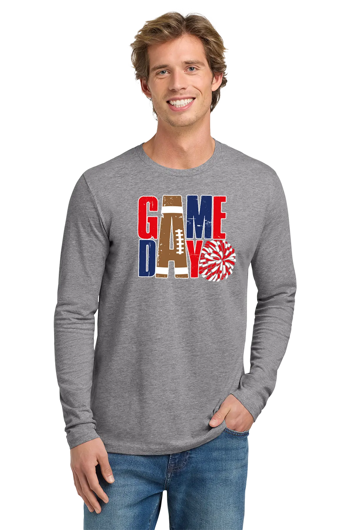 Man wearing a gray long-sleeve shirt with 'GAMEDAY' print on a white background. Paper Street Print Co, Blairstown, NJ.