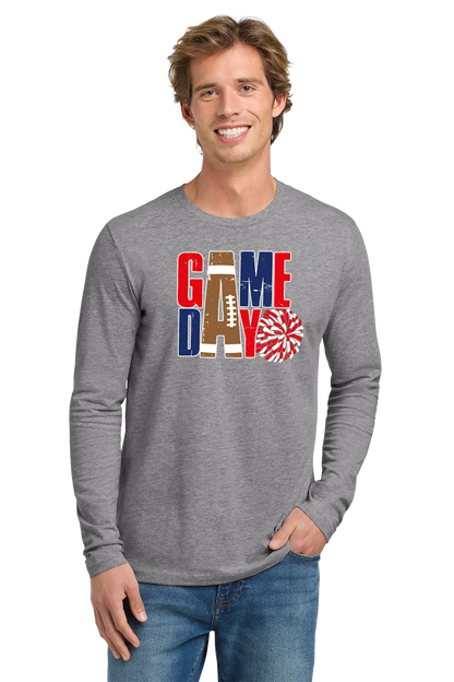 Man wearing a gray long-sleeve shirt with 'GAMEDAY' print on a white background. Paper Street Print Co, Blairstown, NJ.