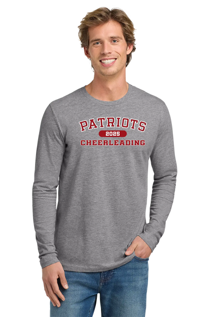 Man wearing a gray long-sleeve shirt with 'Patriots 2023 Cheerleading' text on a white background. Paper Street Print Co, Blairstown, NJ.