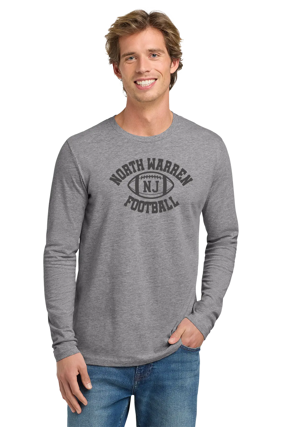 Man wearing a gray long-sleeve shirt with 'North Warren Football' text on a white background. Paper Street Print Co, Blairstown, NJ.